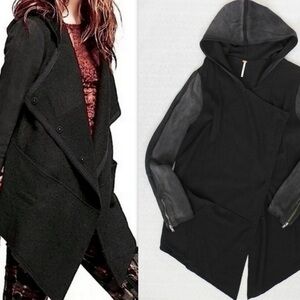 Free People Asymmetrical Wool Blend Knit Black Hoodie Jacket Size Large
